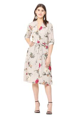 Cream printed crepe short-dresses 4