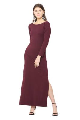 Maroon plain blended cotton long-dresses 1