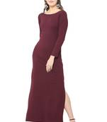 Maroon plain blended cotton long-dresses