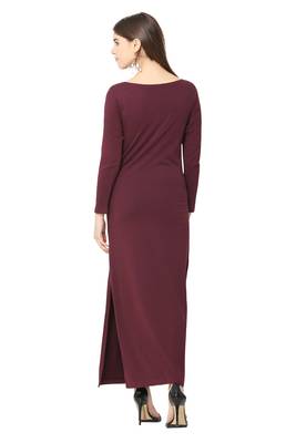 Maroon plain blended cotton long-dresses 2