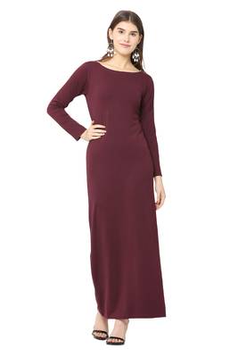 Maroon plain blended cotton long-dresses 4