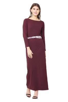 Maroon plain blended cotton long-dresses 1