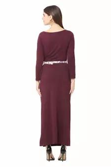 Maroon plain blended cotton long-dresses