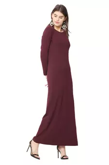 Maroon plain blended cotton long-dresses