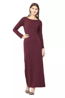 Maroon plain blended cotton long-dresses