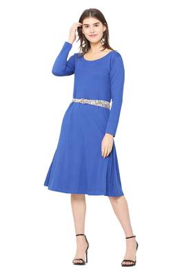 Blue plain blended cotton short-dresses 1