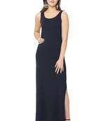 Navy-blue plain blended cotton long-dresses