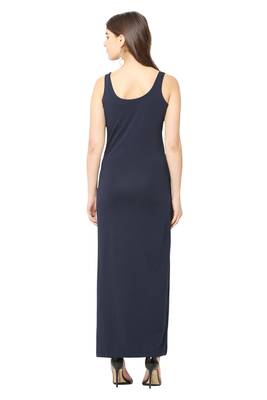 Navy-blue plain blended cotton long-dresses 2