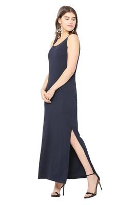 Navy-blue plain blended cotton long-dresses 3