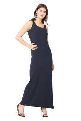 Navy-blue plain blended cotton long-dresses 4
