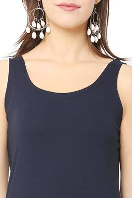 Navy-blue plain blended cotton long-dresses 5