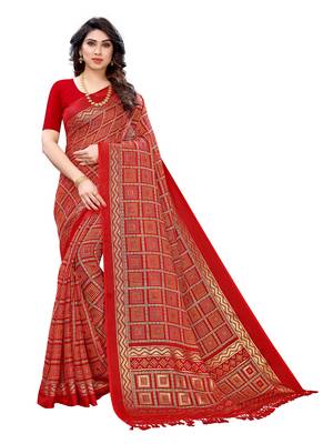Red printed poly cotton saree with blouse 1