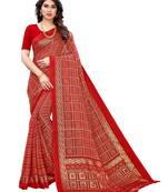 Red printed poly cotton saree with blouse