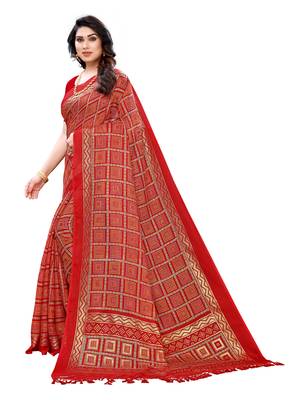 Red printed poly cotton saree with blouse 2