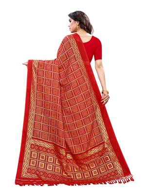 Red printed poly cotton saree with blouse 3