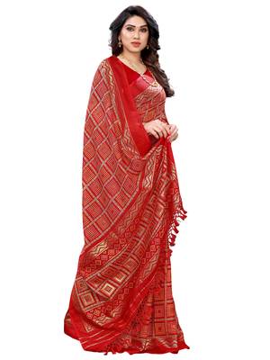 Red printed poly cotton saree with blouse 4