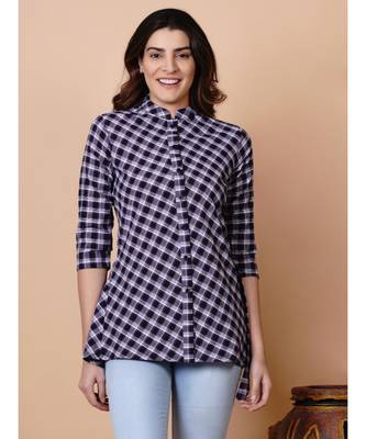 Handloom cotton purple multi check assymetric button down top with matching hairband and mask 1