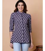 Handloom cotton purple multi check assymetric button down top with matching hairband and mask