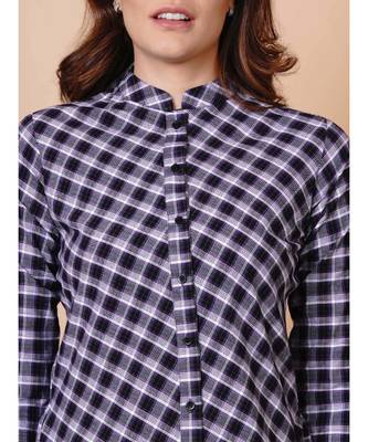 Handloom cotton purple multi check assymetric button down top with matching hairband and mask 2