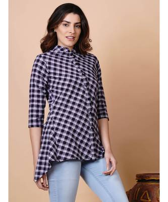 Handloom cotton purple multi check assymetric button down top with matching hairband and mask 3