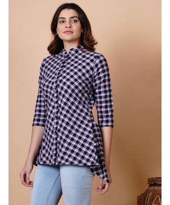 Handloom cotton purple multi check assymetric button down top with matching hairband and mask 4