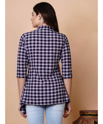 Handloom cotton purple multi check assymetric button down top with matching hairband and mask 5