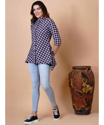 Handloom cotton purple multi check assymetric button down top with matching hairband and mask 6