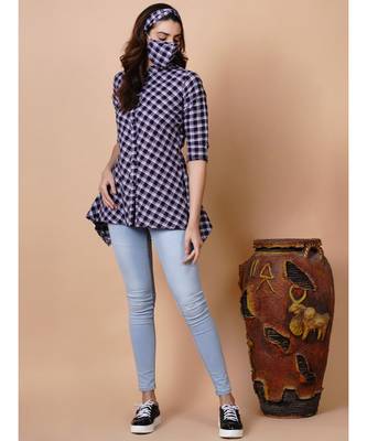 Handloom cotton purple multi check assymetric button down top with matching hairband and mask 7