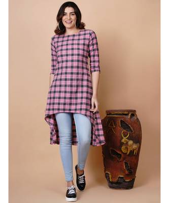 Handloom cotton pink green multi check high low tunic and matching hair band 1