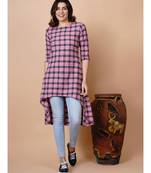 Handloom cotton pink green multi check high low tunic and matching hair band