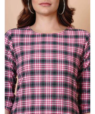 Handloom cotton pink green multi check high low tunic and matching hair band 2