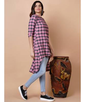 Handloom cotton pink green multi check high low tunic and matching hair band 3