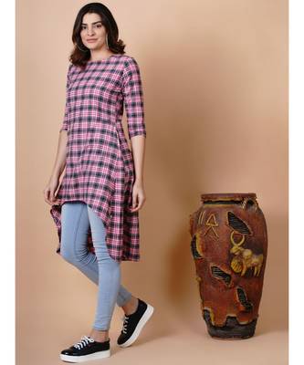 Handloom cotton pink green multi check high low tunic and matching hair band 4