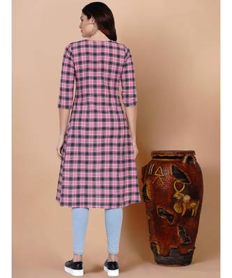 Handloom cotton pink green multi check high low tunic and matching hair band 5