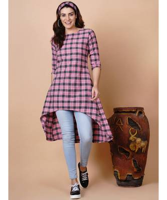 Handloom cotton pink green multi check high low tunic and matching hair band 6