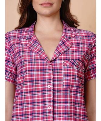 Handloom cotton pink multi check night lounge set with matching hairband 2