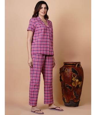 Handloom cotton pink multi check night lounge set with matching hairband 3