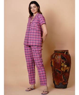 Handloom cotton pink multi check night lounge set with matching hairband 4