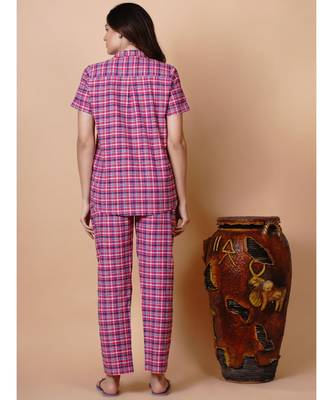 Handloom cotton pink multi check night lounge set with matching hairband 5