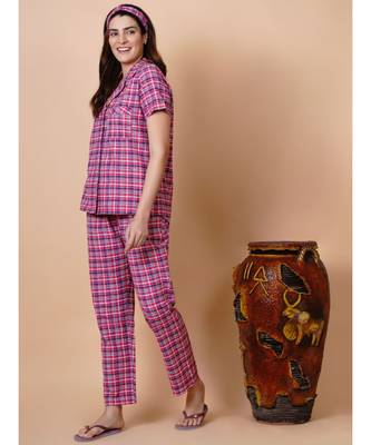 Handloom cotton pink multi check night lounge set with matching hairband 6