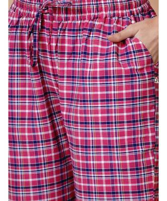 Handloom cotton pink multi check night lounge set with matching hairband 7
