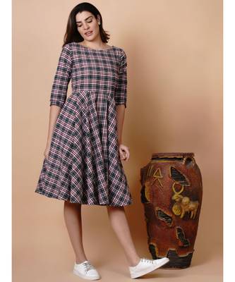 Handloom cotton green and brown multicoloured fit and flared dress with matching hairband and mask 1