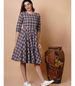 Handloom cotton green and brown multicoloured fit and flared dress with matching hairband and mask