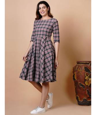 Handloom cotton green and brown multicoloured fit and flared dress with matching hairband and mask 2