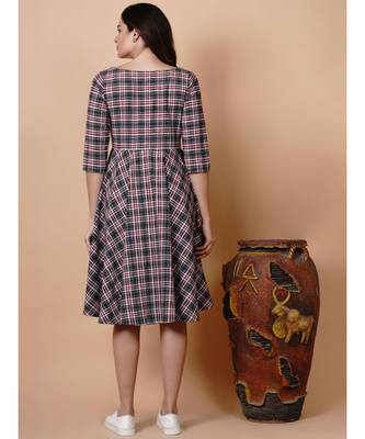 Handloom cotton green and brown multicoloured fit and flared dress with matching hairband and mask 3