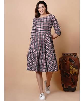 Handloom cotton green and brown multicoloured fit and flared dress with matching hairband and mask 4