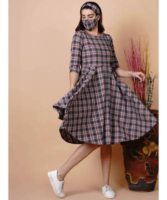 Handloom cotton green and brown multicoloured fit and flared dress with matching hairband and mask 6