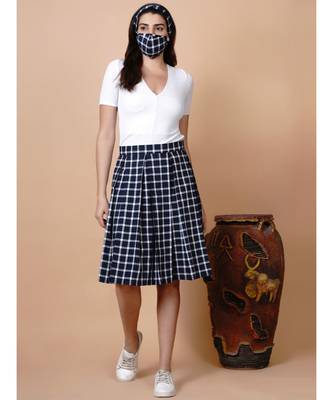 Handloom cotton blue and grey multi box pleat skirt with matching mask 7