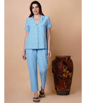 Handloom cotton blue and white check night lounge set with matching hairband 1
