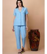Handloom cotton blue and white check night lounge set with matching hairband